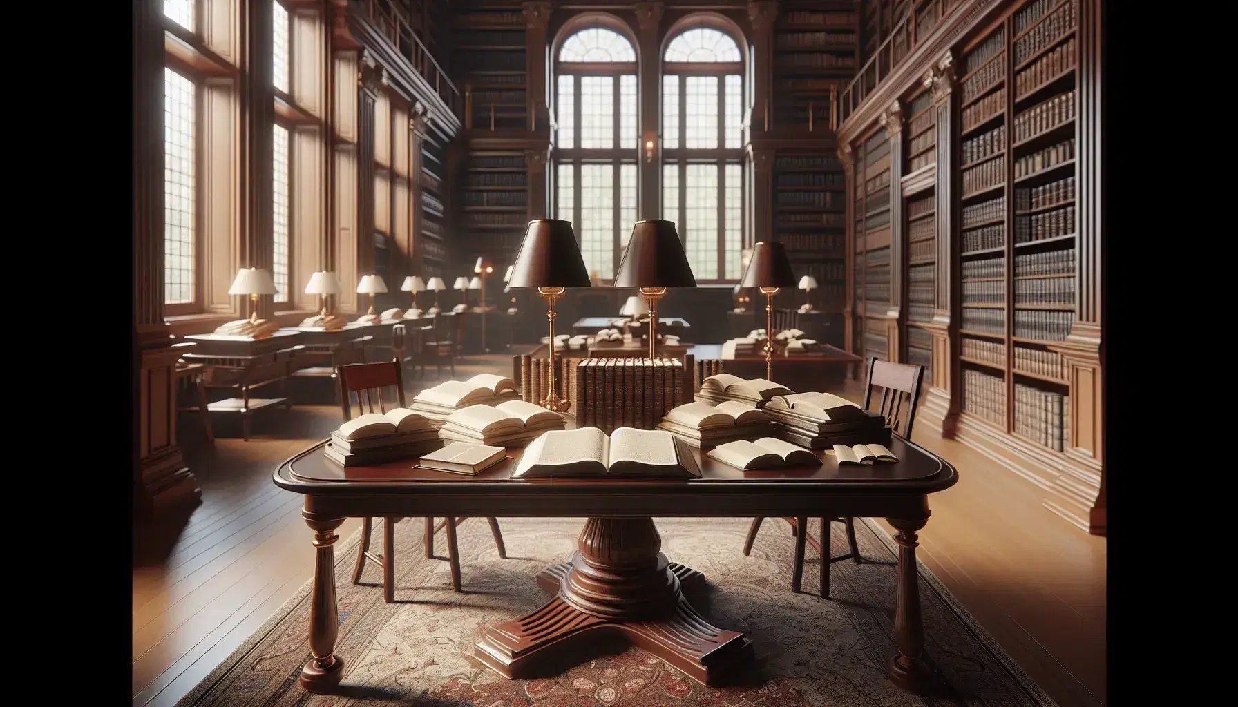 Biblioteca clásica con mesa de madera oscura, libros abiertos, lámparas de lectura, estanterías llenas de libros y ventana grande que aporta luz natural.