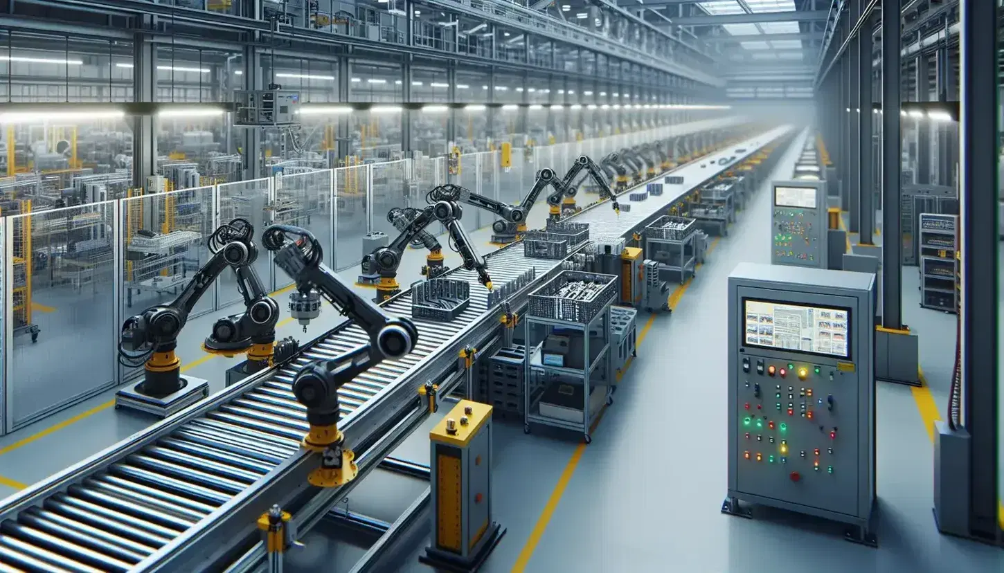 Línea de montaje automatizada con brazos robóticos amarillos y negros trabajando en objetos no identificados, paneles de control iluminados y techo industrial visible.