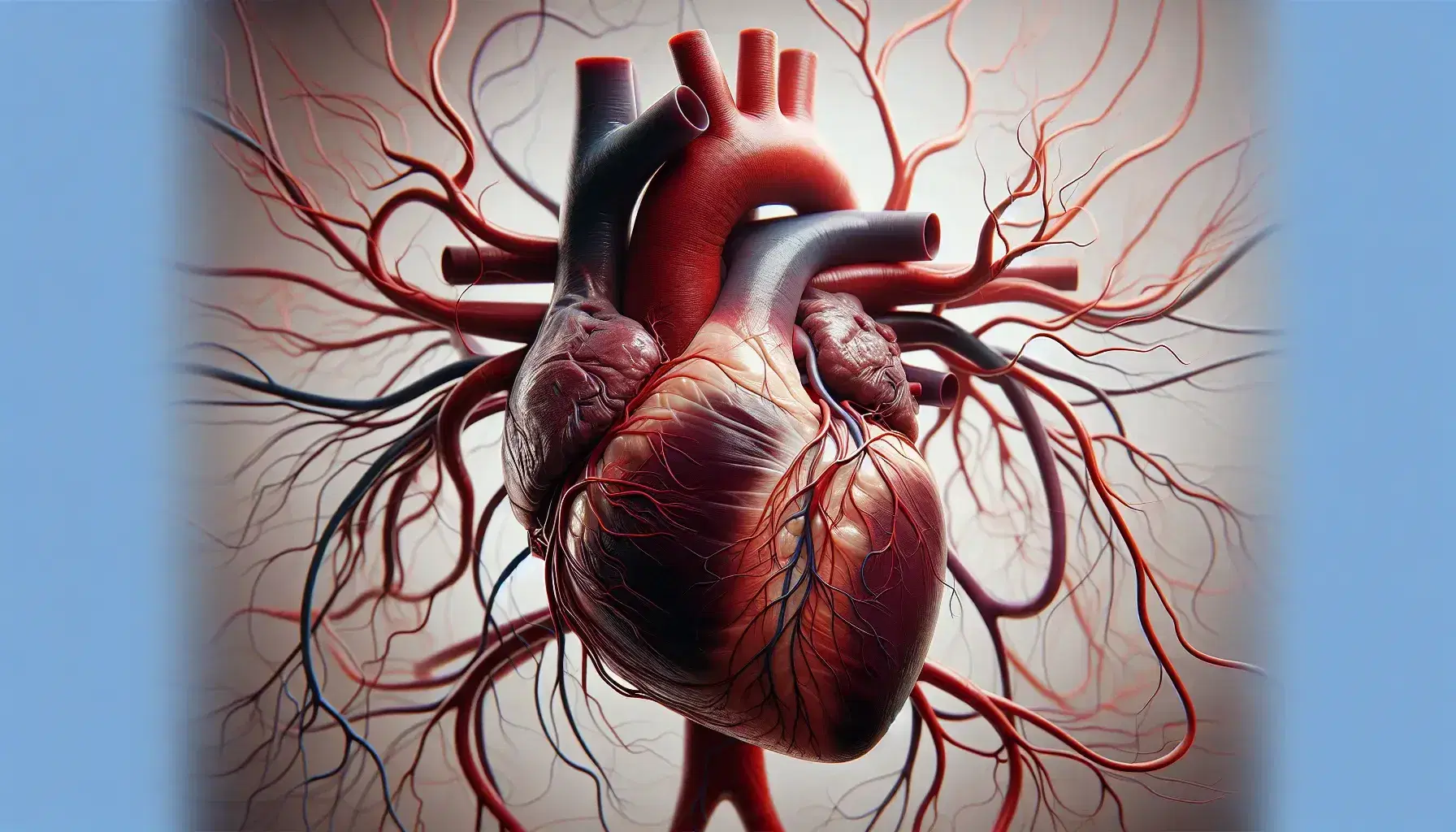 Cuore umano reale con arterie e vene visibili, in tonalità di rosso e blu, su sfondo neutro che evidenzia l'anatomia del sistema cardiovascolare.