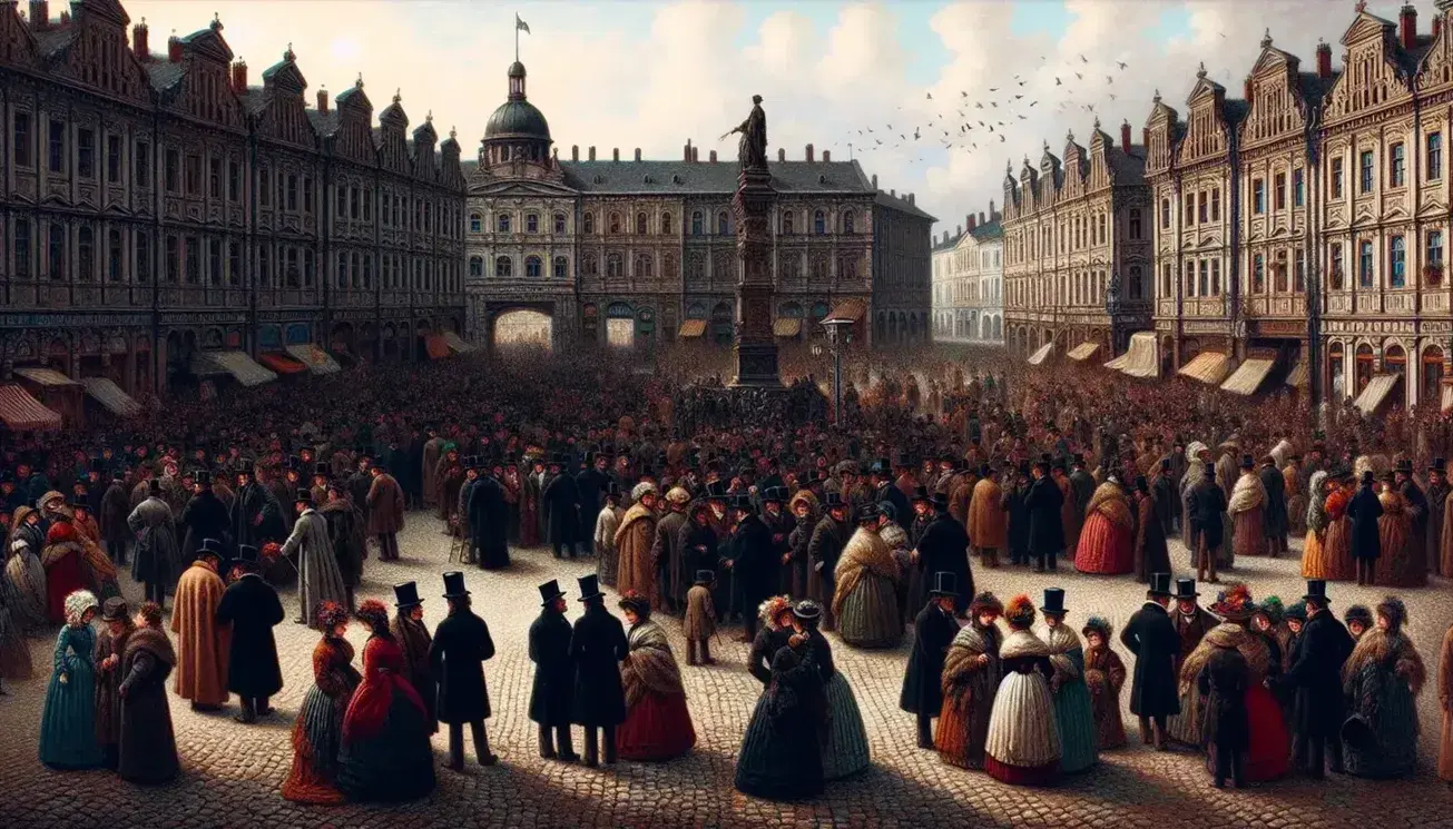 Piazza europea del XIX secolo affollata, con persone in abiti d'epoca e edifici storici ornati, sotto un cielo azzurro con nuvole sparse.