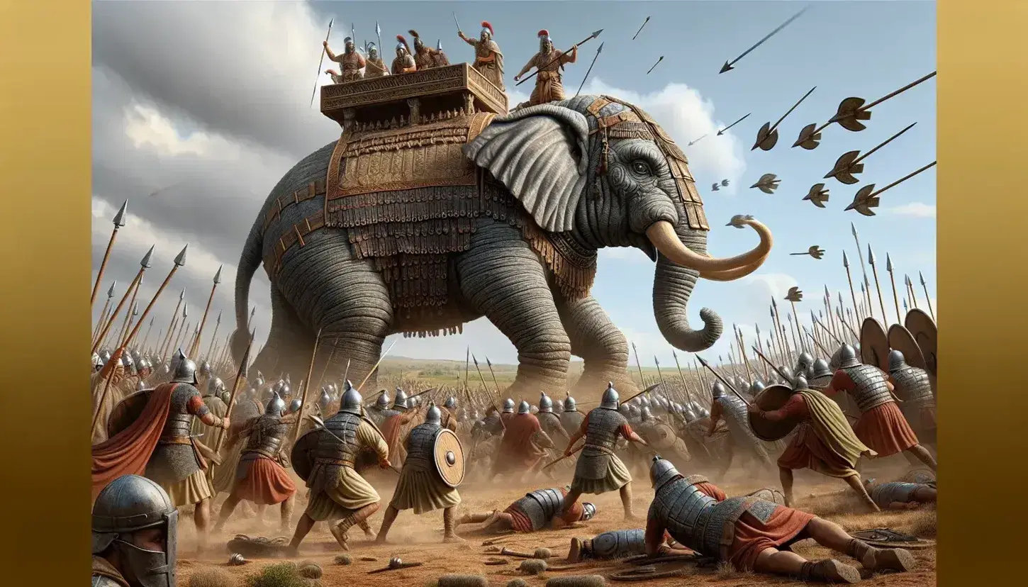 Scena di battaglia antica con elefante da guerra e guerrieri armati, cielo azzurro e colline verdi sullo sfondo.
