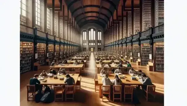 Studenti concentrati nello studio in una biblioteca universitaria luminosa con ampie finestre, scaffali di libri e piante verdi.