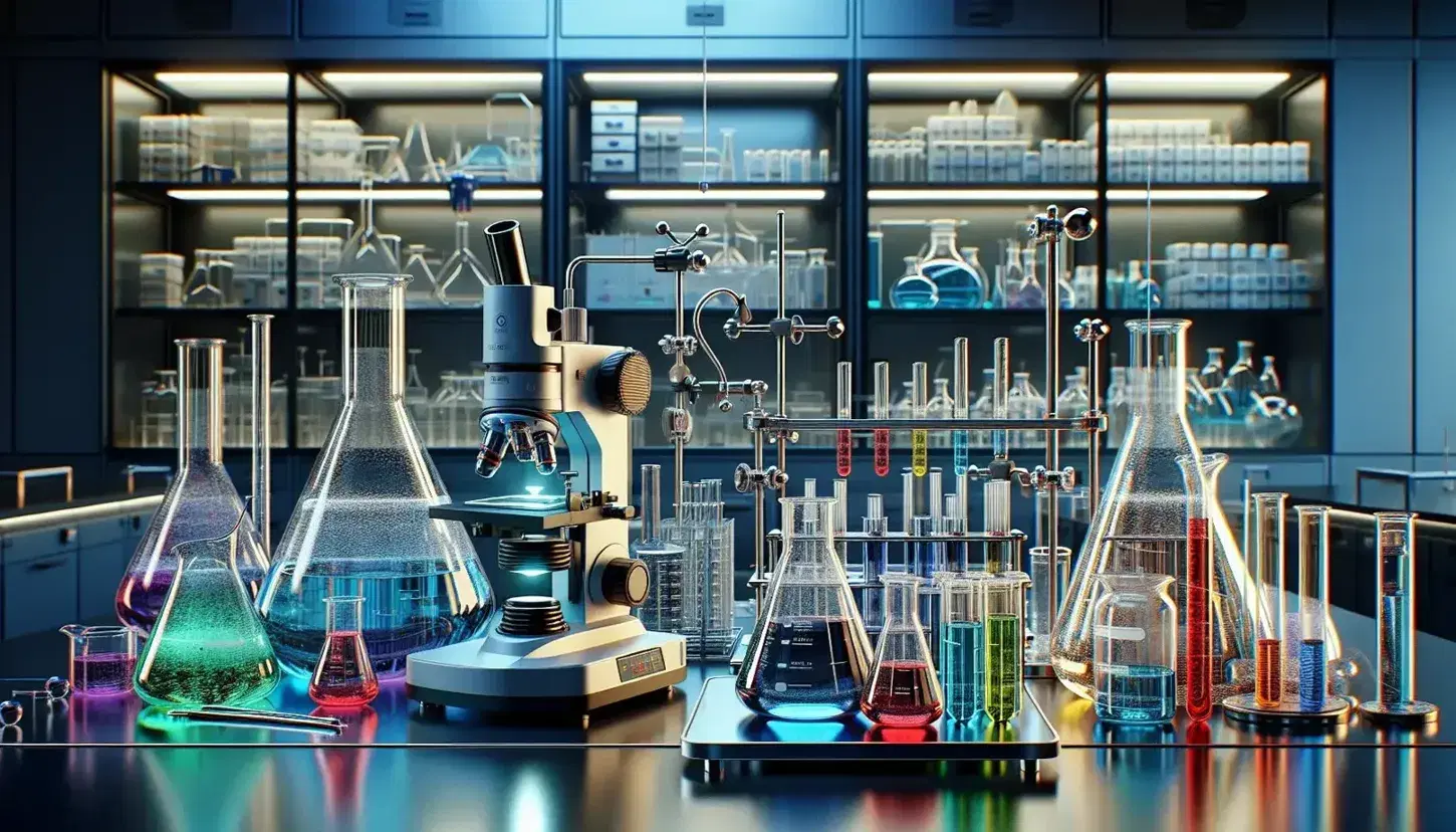 Laboratorio scientifico avanzato con tavolo in acciaio, becher con liquidi colorati, agitatore magnetico, microscopio e fiamma di Bunsen accesa.