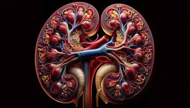 Sezione trasversale dettagliata di un rene umano mostrando un glomerulo rosso vivo e tubuli renali intrecciati in giallo-marrone.