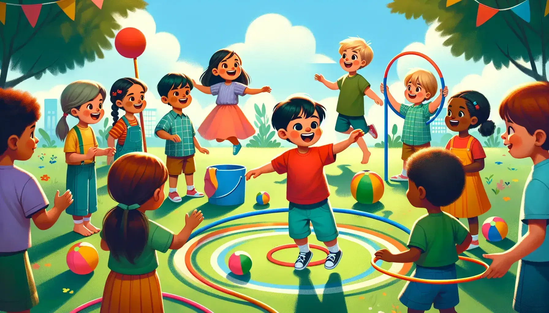 Niños diversos jugando al aire libre en un día soleado, saltando aros de colores y girando hula-hoops en un parque.
