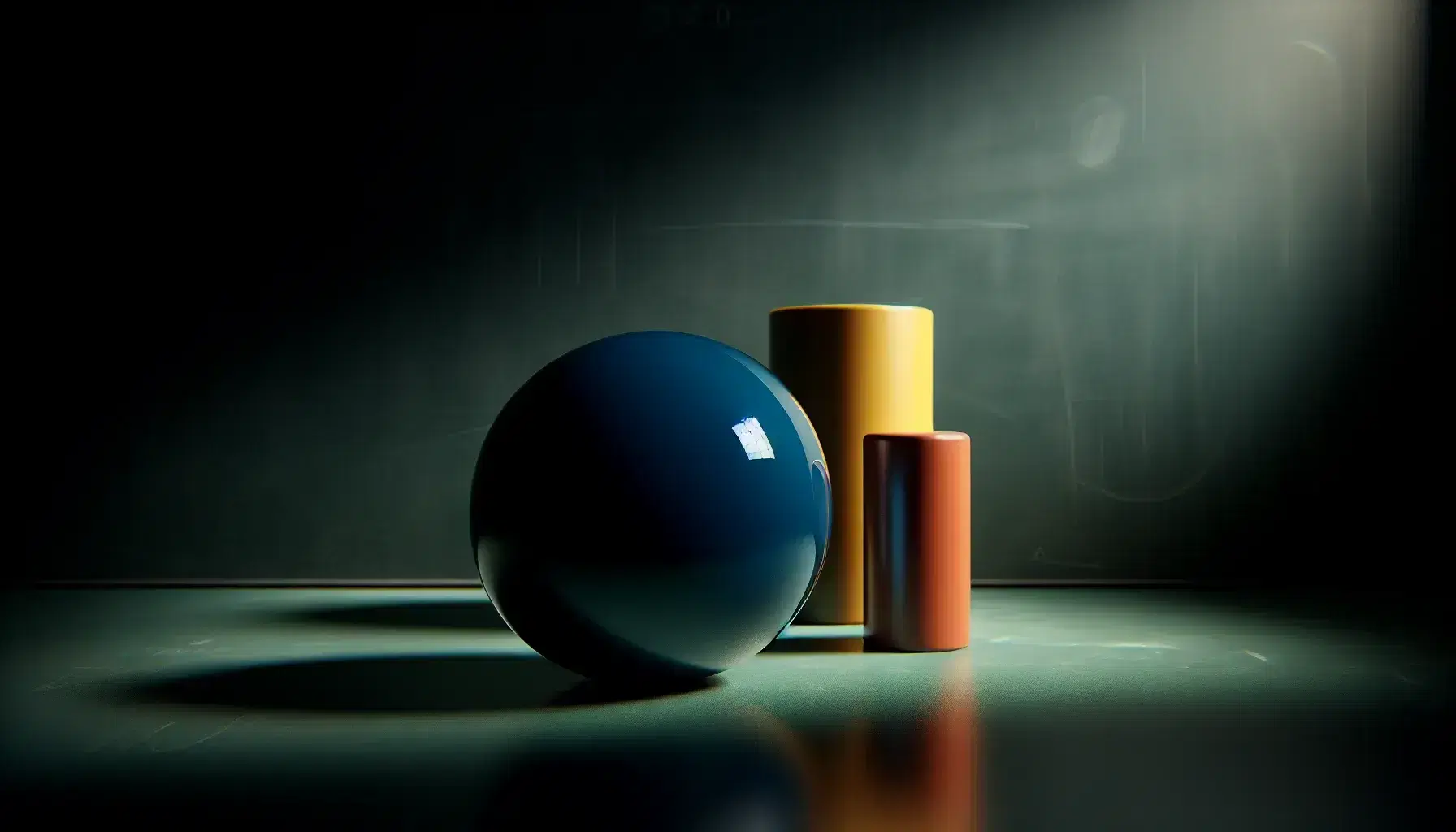Sfera blu cobalto lucida, cono rosso mattone e cilindro giallo ocra posizionati su lavagna verde scuro con ombre morbide.