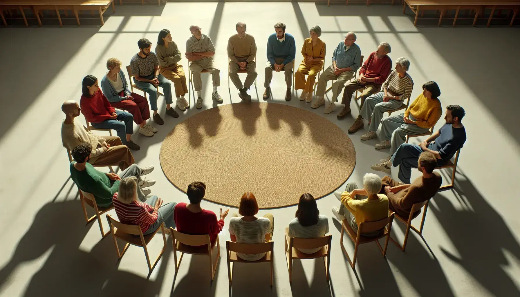 Gruppo eterogeneo seduto in cerchio su sedie in aula luminosa, ascoltando attivamente in un'atmosfera di empatia e condivisione.