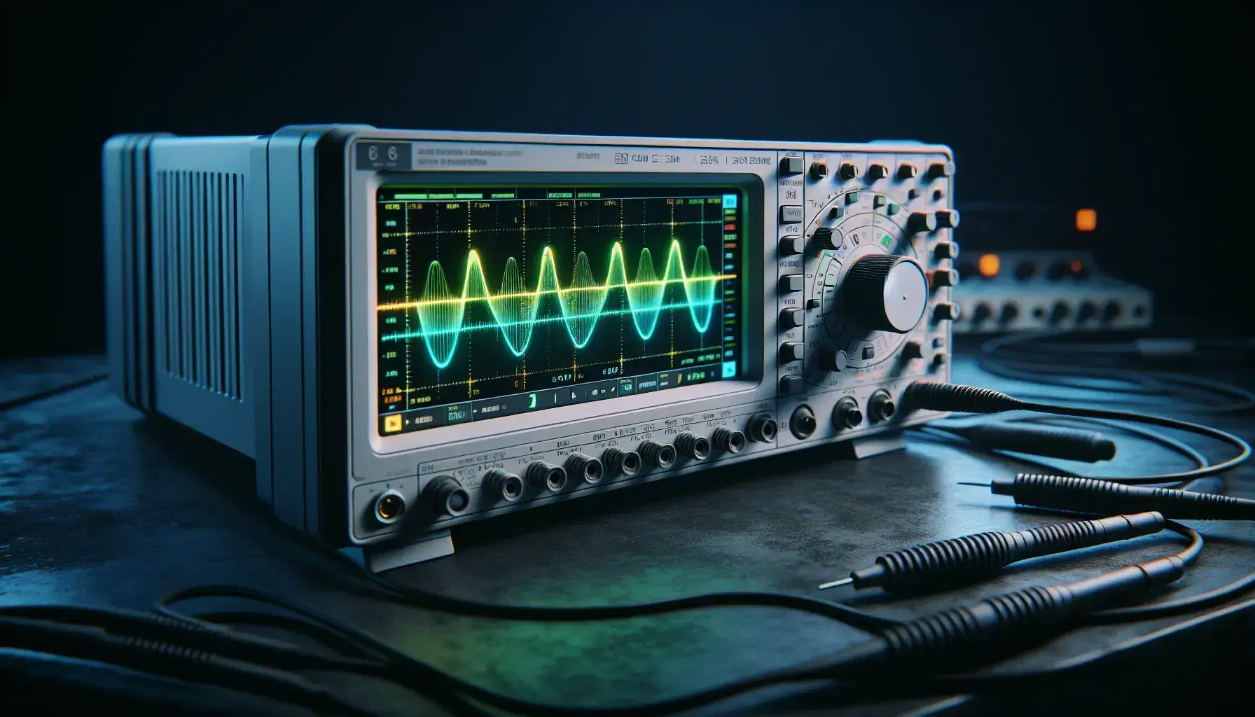 Modern digital oscilloscope displaying a smooth, green sinusoidal waveform on its screen, with control knobs and connected probes visible.