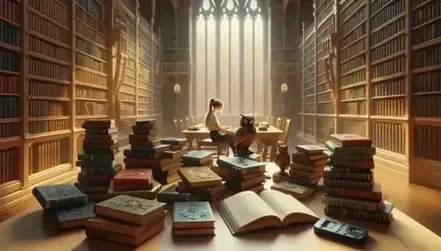 Biblioteca tranquilla con ragazza che legge ad alta voce, tavolo con libri colorati e statuetta di gufo, scaffali pieni e registratore audio.
