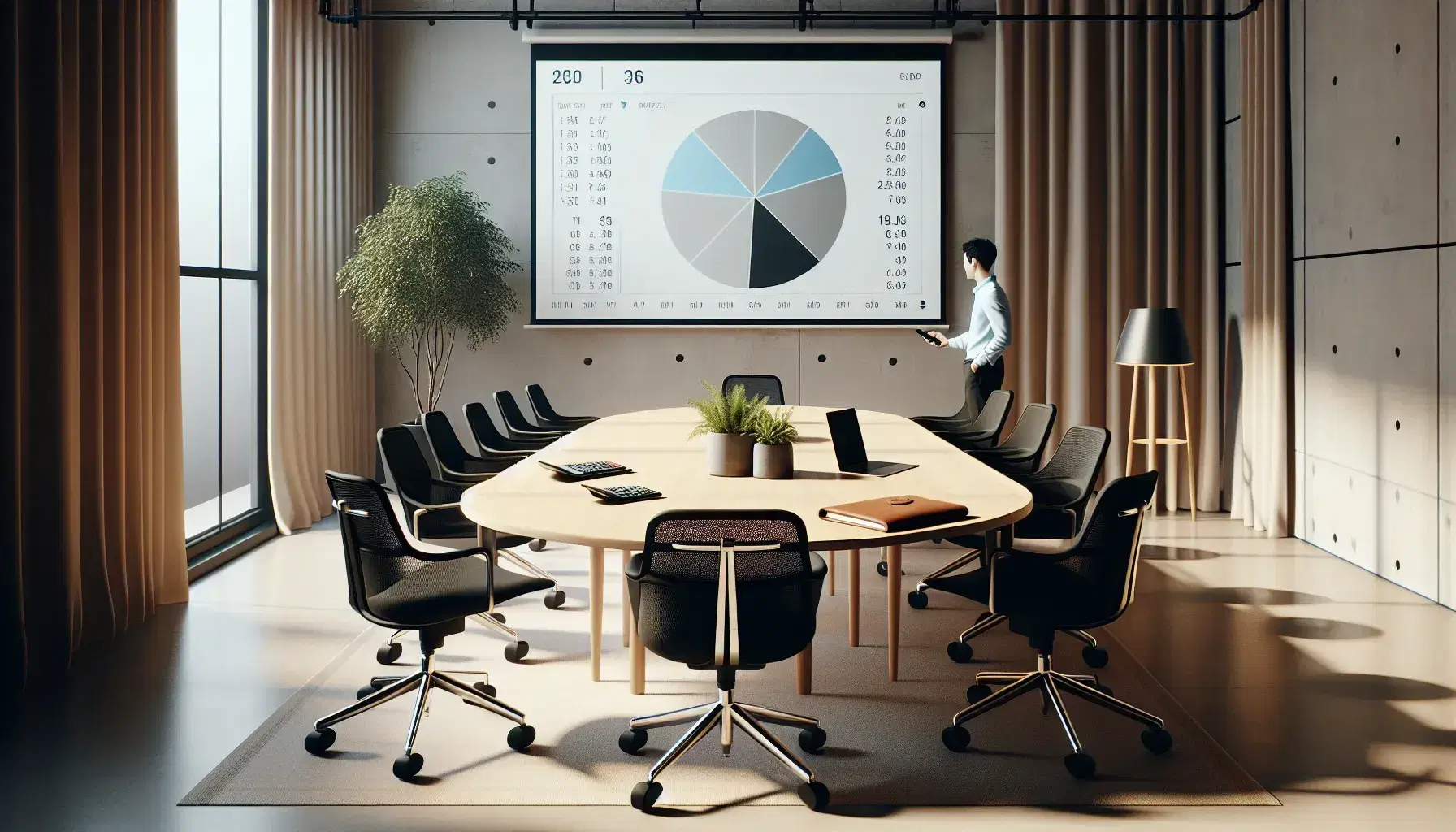 Oficina moderna con mesa de reuniones ovalada, sillas ergonómicas y persona señalando gráfico circular 3D proyectado en pantalla blanca.