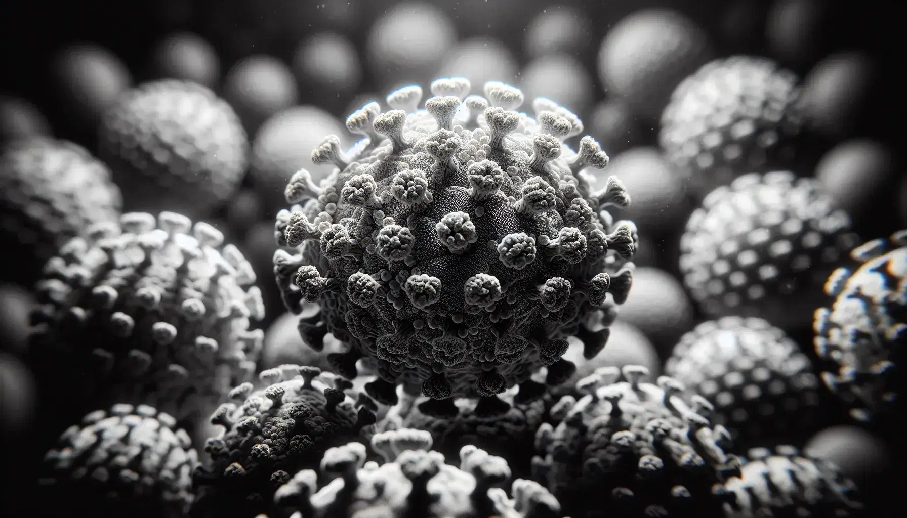 High-magnification electron microscope view of spherical virus particles with crown-like spikes, showcasing detailed surface textures in grayscale.