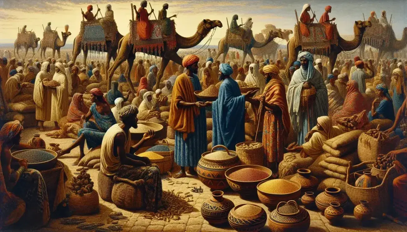 Bustling post-classical African market scene with traders bartering goods, Berber traders with camels, and locals tending crops and building with mud-bricks.