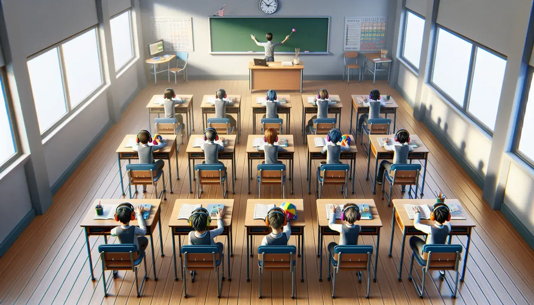 Aula scolastica luminosa con studenti concentrati ai banchi, uno con pallina antistress, insegnante sfocato al lavagna, orologio analogico visibile.