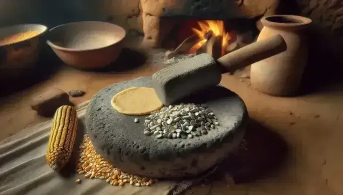 Stone metate with hand and dried corn kernels, handmade tortilla beside and clay comal on wood stove in natural light.
