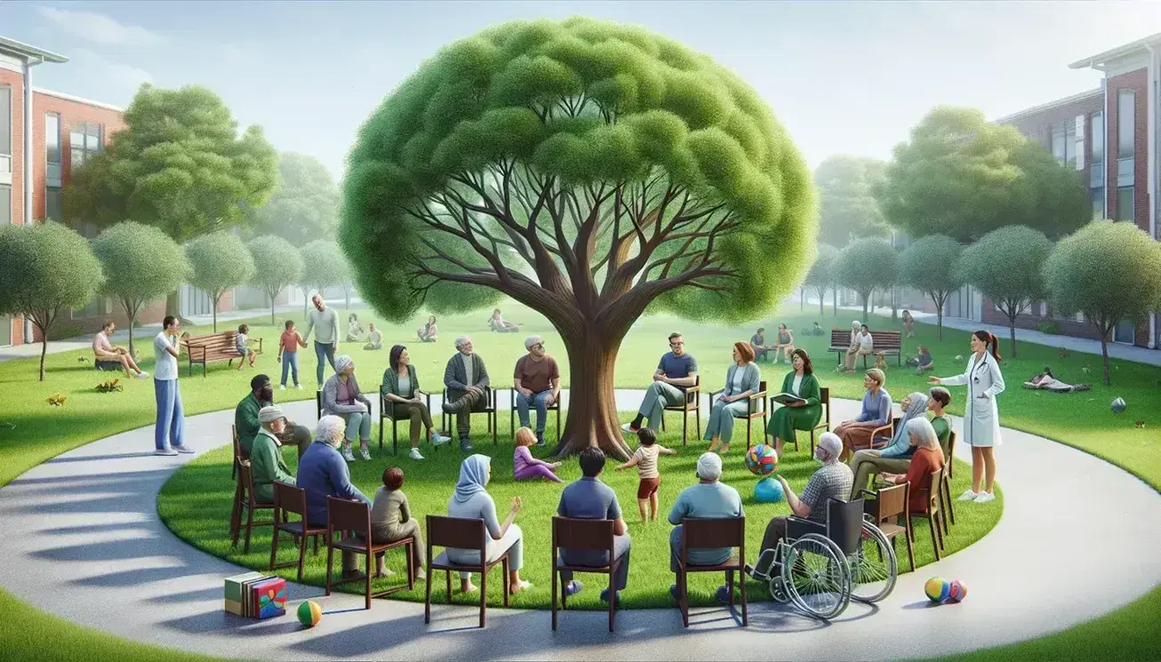 Gruppo multietnico in cerchio su erba verde in parco, con albero centrale, anziani, bambino con pallone e infermiere, sotto cielo sereno.
