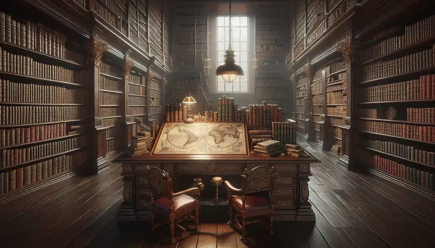 Biblioteca antica con scrivania in legno scuro e sedie intagliate, libri impilati, mappa antica e sfera armillare su piedistallo.