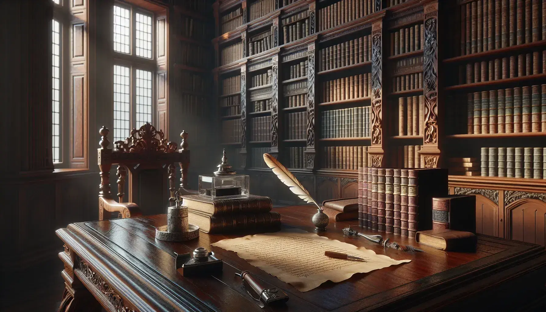 Biblioteca antica con scrivania in legno scuro, calamaio d'argento, pergamena, libri rilegati e seduta con cuscino rosso.