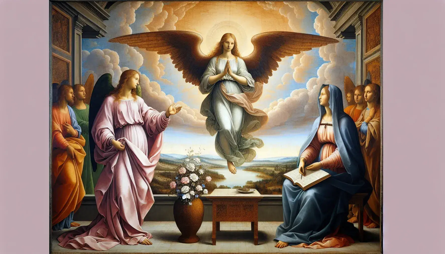 Riproduzione ad alta risoluzione de 'L'Annunciazione' di Leonardo, con angelo alato e Vergine Maria davanti a un leggio, in un paesaggio dettagliato.