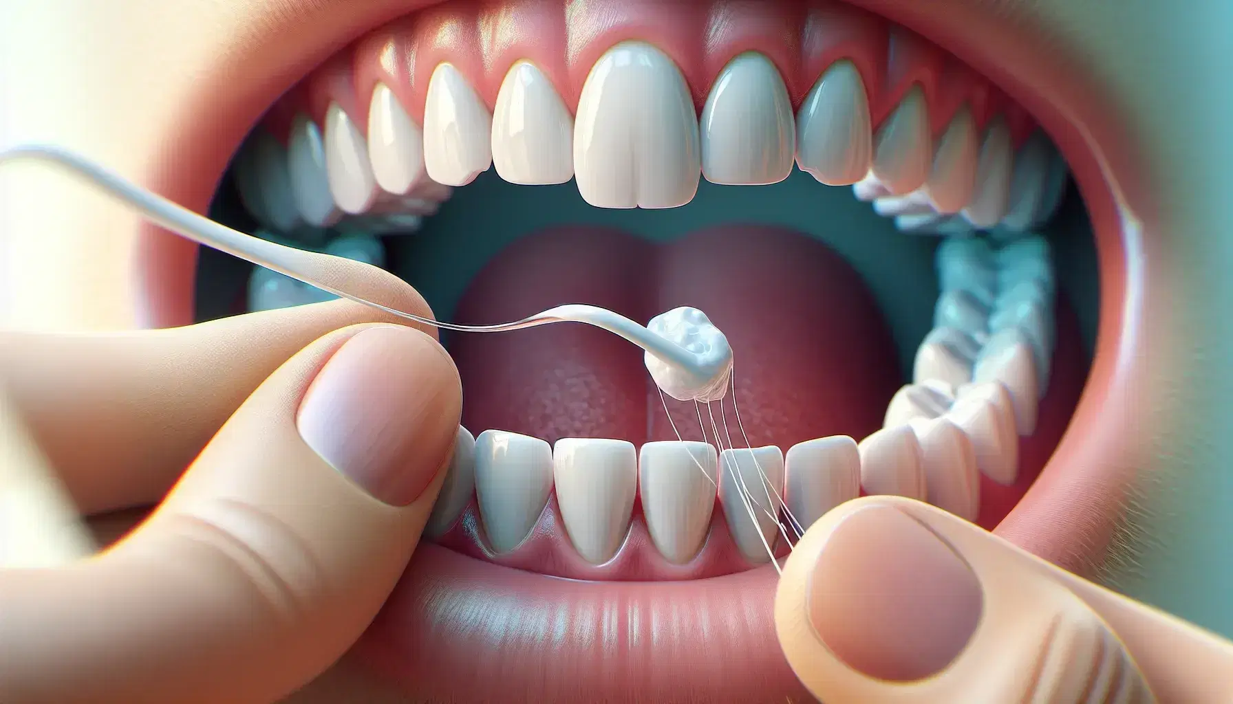 Boca con dientes blancos y encías rosadas usando hilo dental entre premolares, con cepillo de dientes y pasta al fondo en ambiente higiénico.