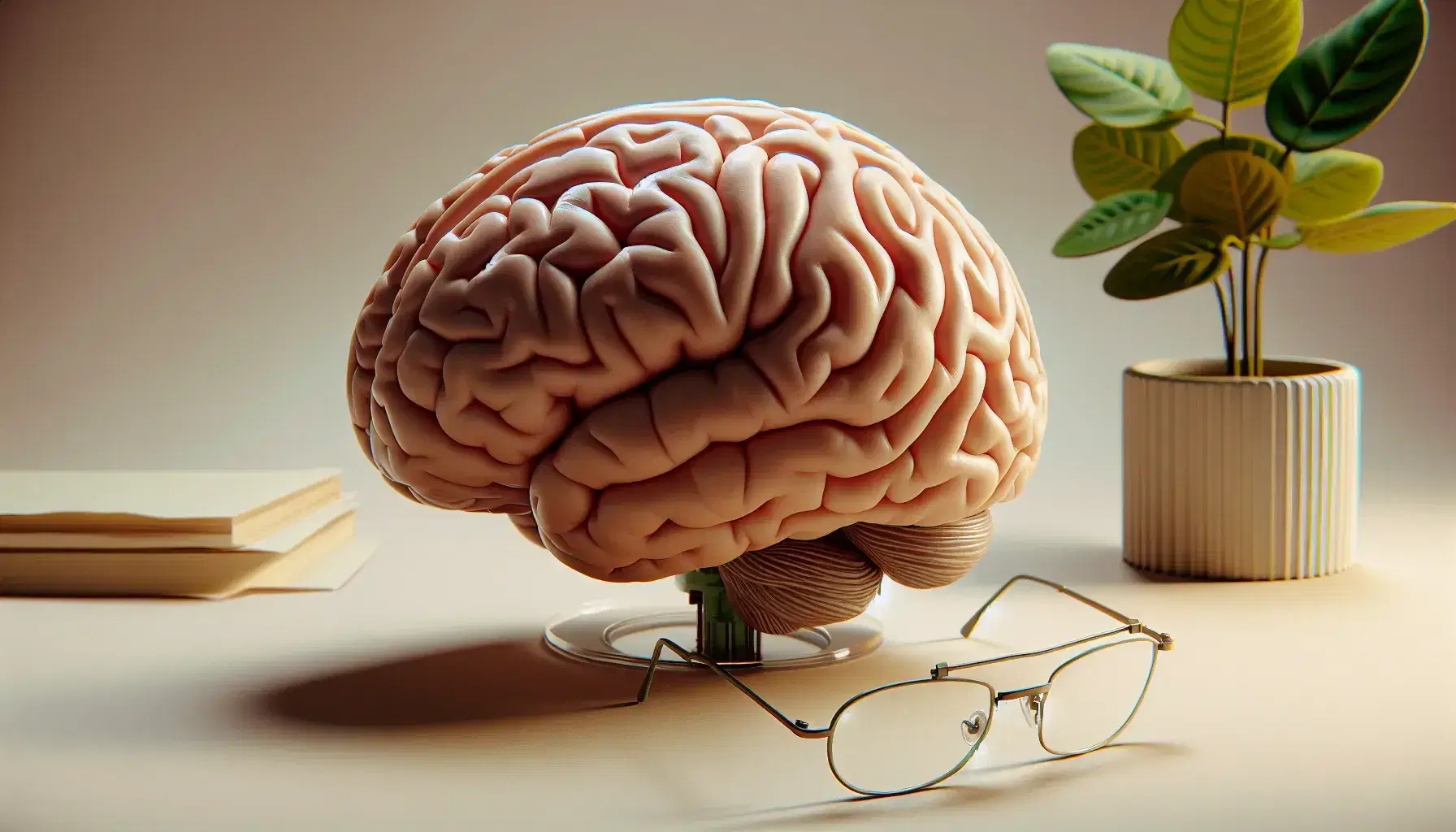 3D human brain anatomical model with metallic glasses and green plant on neutral background, details of visible gyri and sulci.