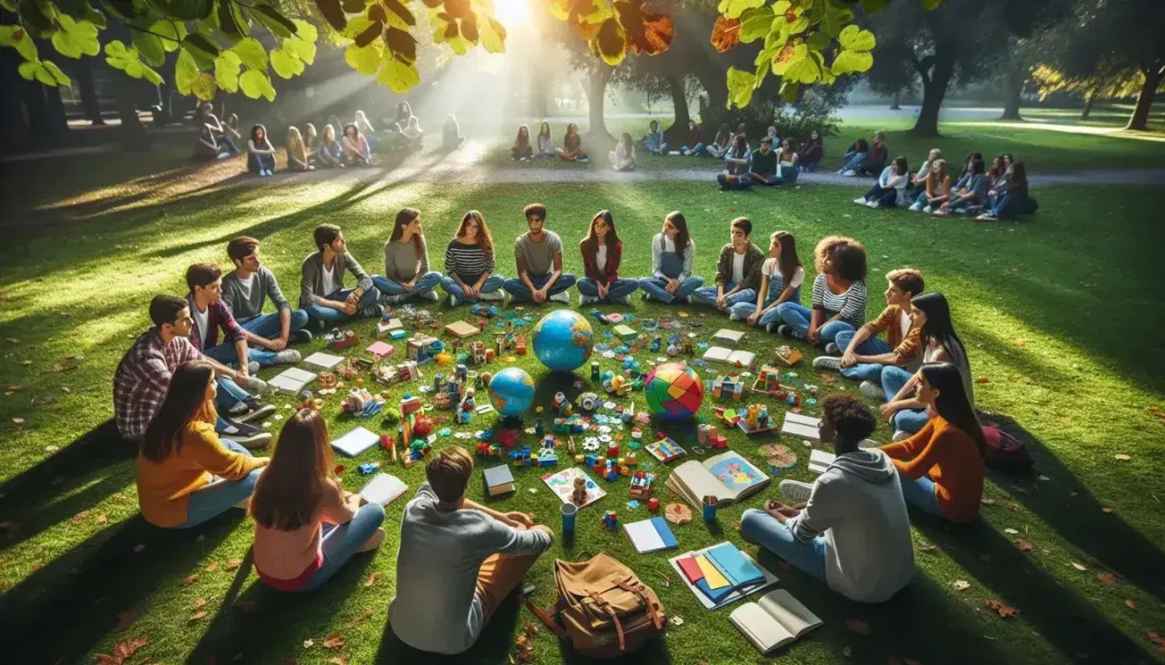 Grupo diverso de estudiantes sentados en círculo en un parque con objetos educativos en el centro, rodeados de árboles otoñales y luz solar filtrada.