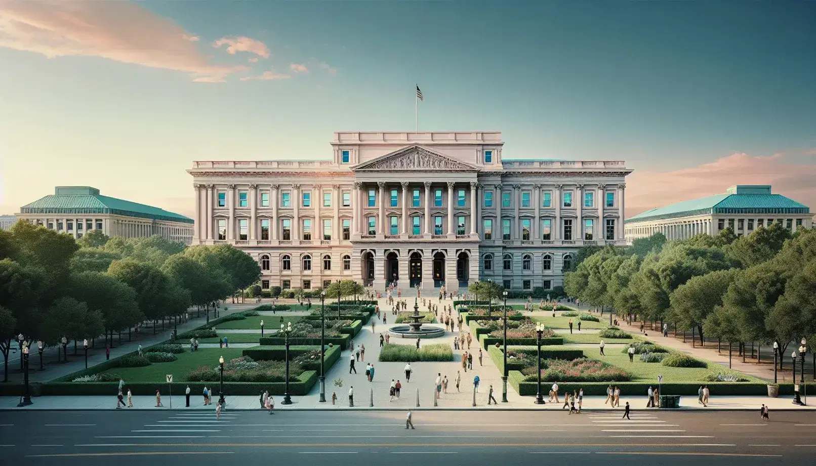 Edificio gubernamental de arquitectura clásica con fachada rosa pálido y columnas ornamentadas, rodeado de una plaza pública y vegetación bajo un cielo despejado.