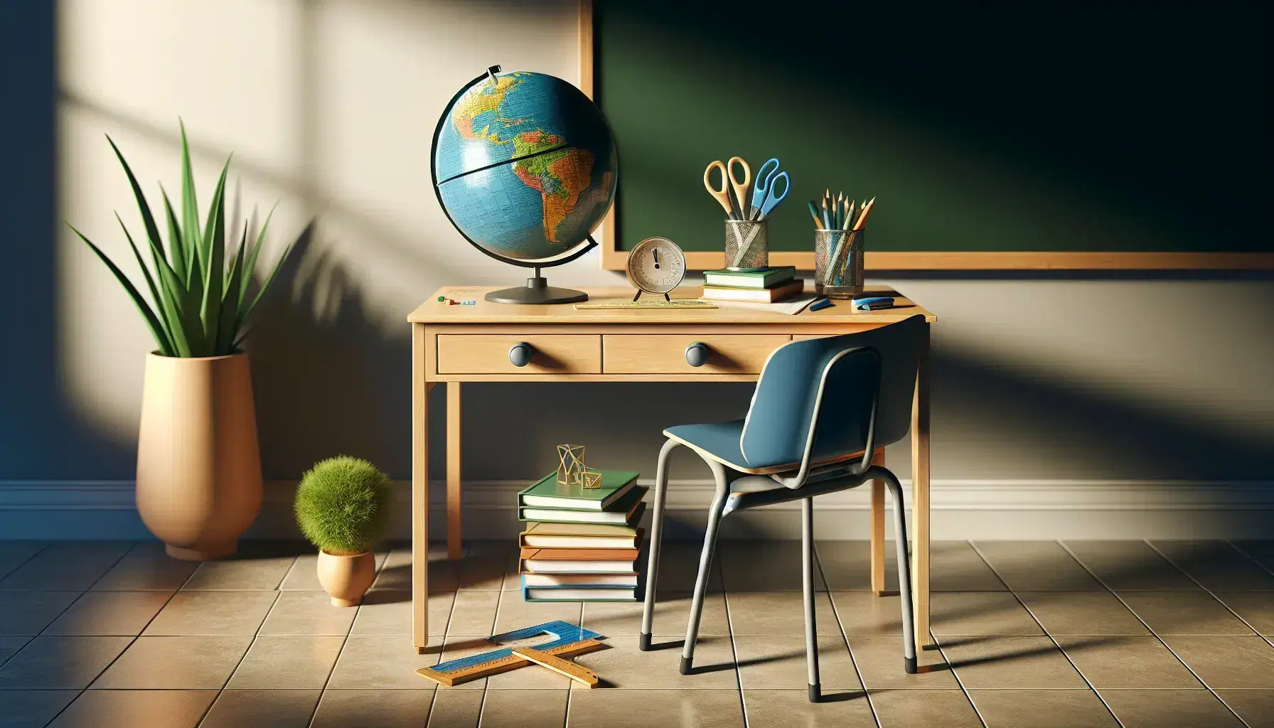 Scrivania scolastica in legno con globo, forbici, righello e libri, sedia blu accanto e lavagna verde sullo sfondo in aula luminosa.