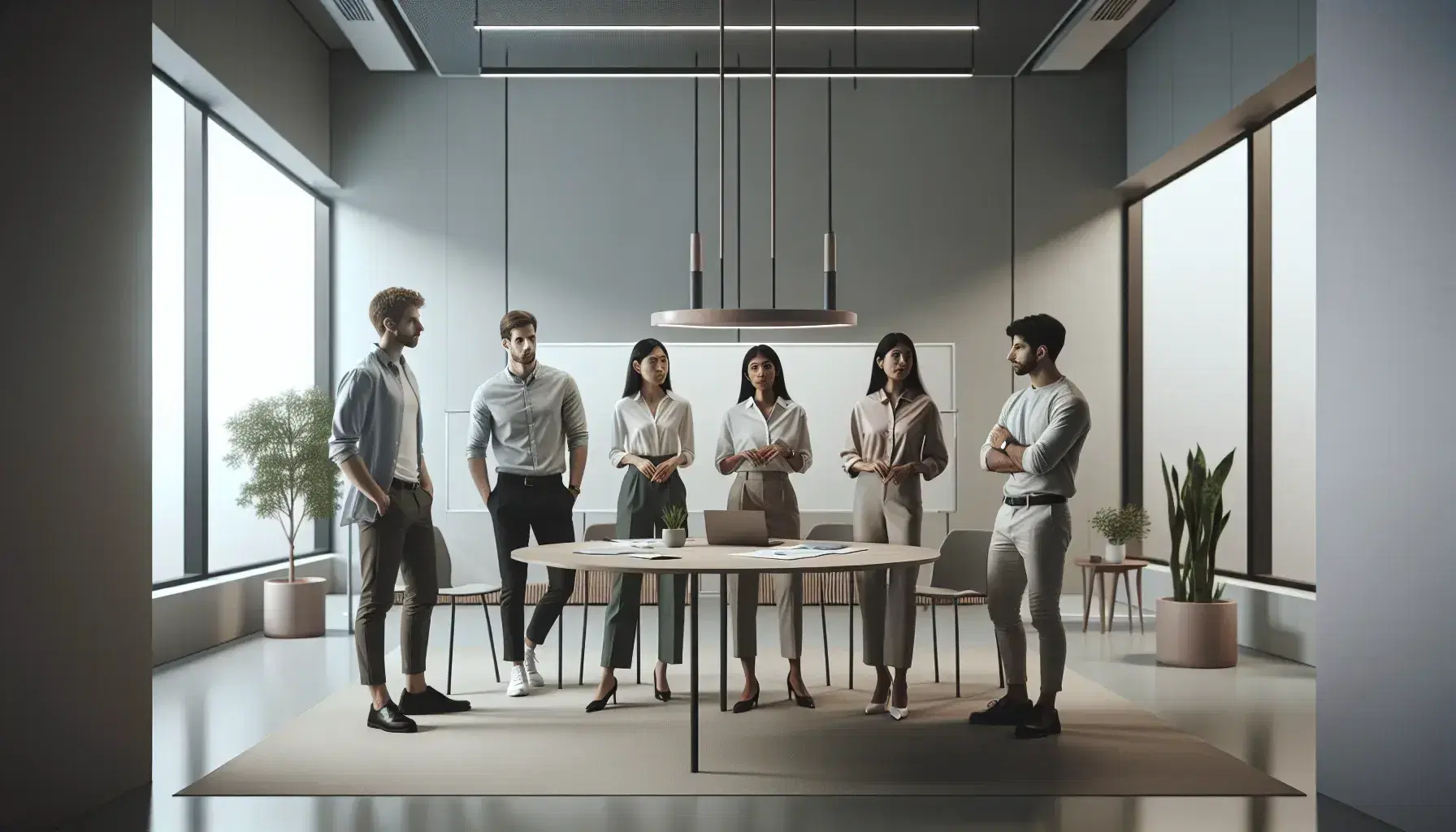 Grupo diverso de profesionales colaborando en una oficina moderna con mesa redonda, pizarra blanca y planta decorativa.