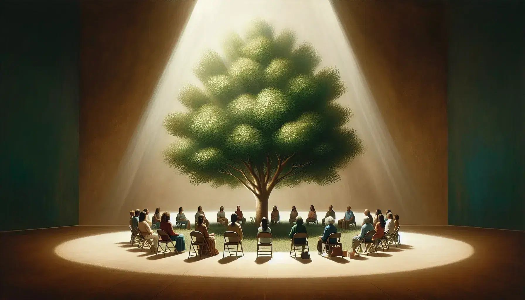 Gruppo multietnico seduto in cerchio attorno ad albero rigoglioso in ambiente luminoso, espressioni serene, colori caldi dominanti.