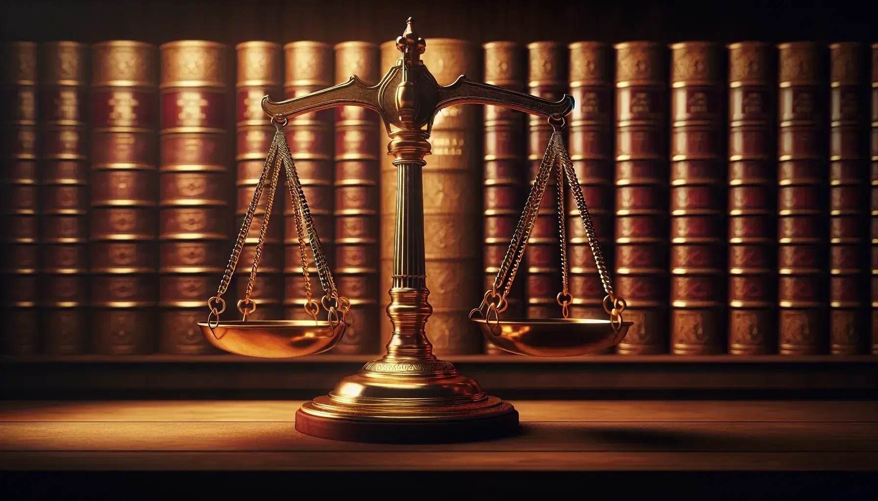 Balanced brass scale of justice in the foreground with a backdrop of leather-bound books on a dark wooden shelf, symbolizing law and order.