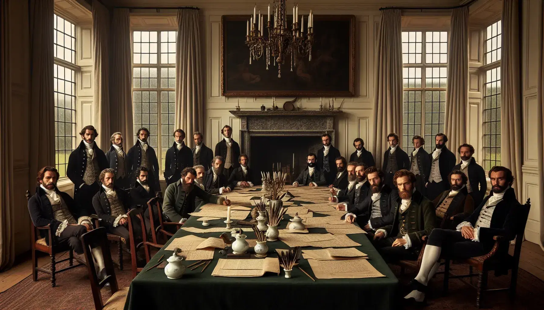 Grupo de hombres en vestimenta de época reunidos alrededor de una mesa con documentos y plumas, en una sala iluminada con ventanas y cortinas crema.
