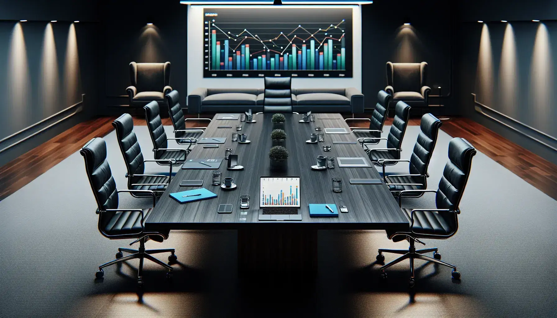 Mesa de reuniones de madera oscura con seis sillas de oficina negras, un portátil mostrando gráficos de barras, un cuaderno azul, un móvil y una planta, en un entorno profesional iluminado.