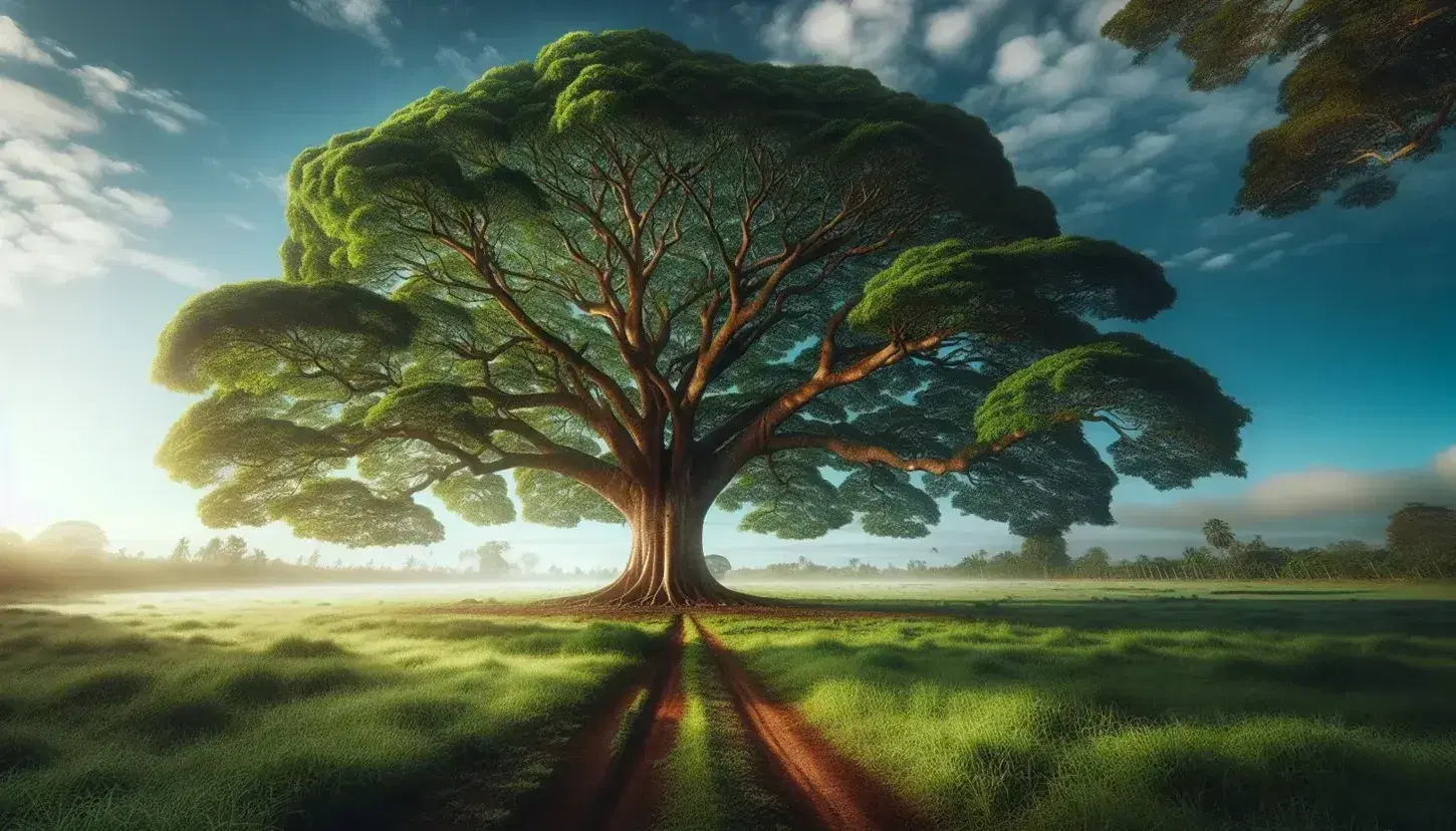 Árbol frondoso con tronco grueso y copa simétrica en campo abierto, cielo azul con nubes dispersas y sendero de tierra.