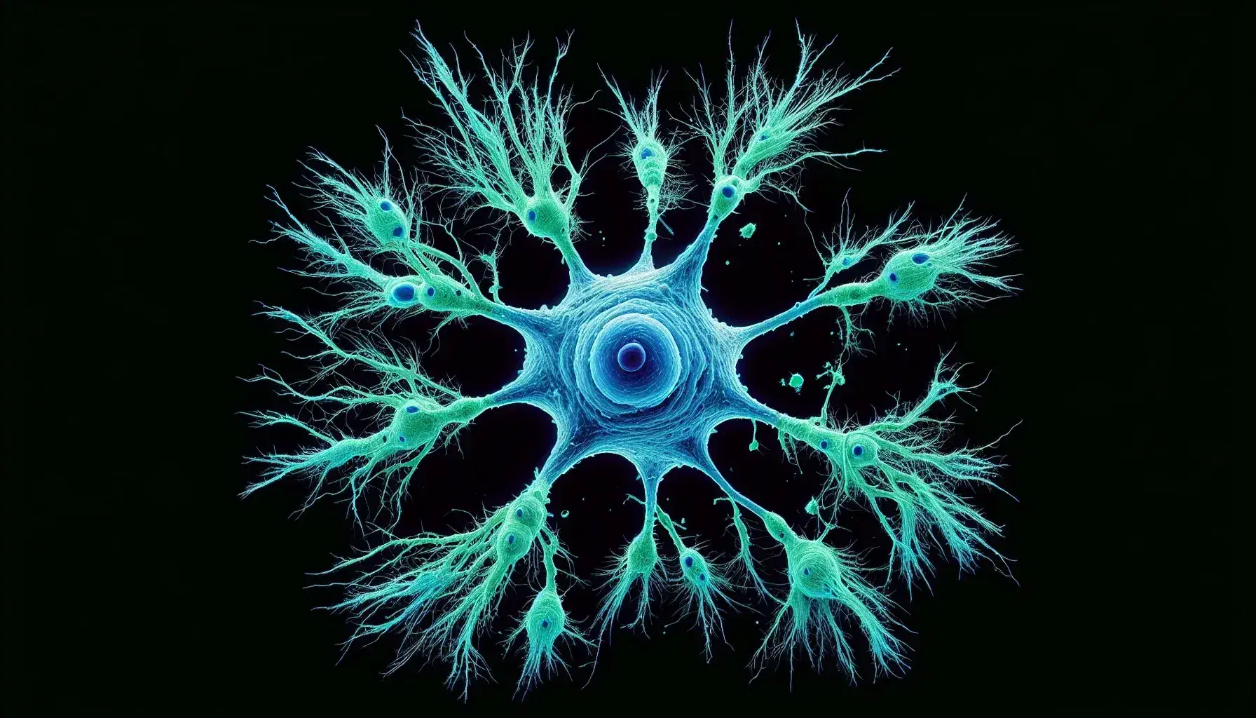 Neurona teñida en microscopía con cuerpo celular azul intenso y proyecciones dendríticas y axónicas verdes sobre fondo negro.