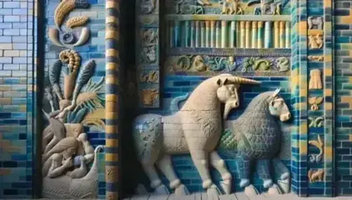 Particolare della Porta di Ishtar ricostruita con rilievi di toro androcefalo e drago-serpente su mattoni ceramici blu cobalto.