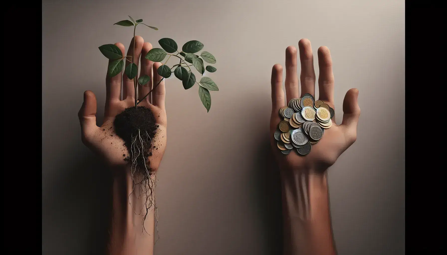 Manos extendidas sosteniendo una planta con raíces visibles y un montón de monedas metálicas, simbolizando el crecimiento y la inversión.