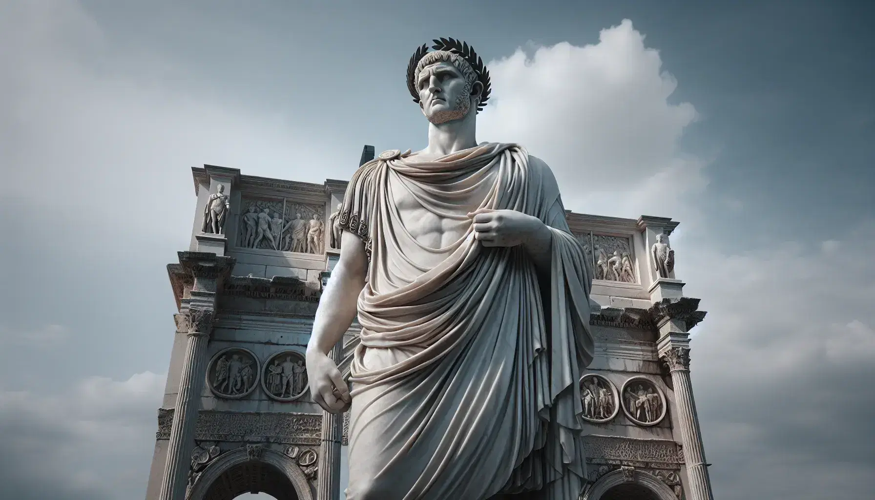 Statua in marmo bianco di imperatore romano con toga, corona d'alloro e scettro, su piedistallo grigio, davanti ad arco trionfale con bassorilievo di soldati.