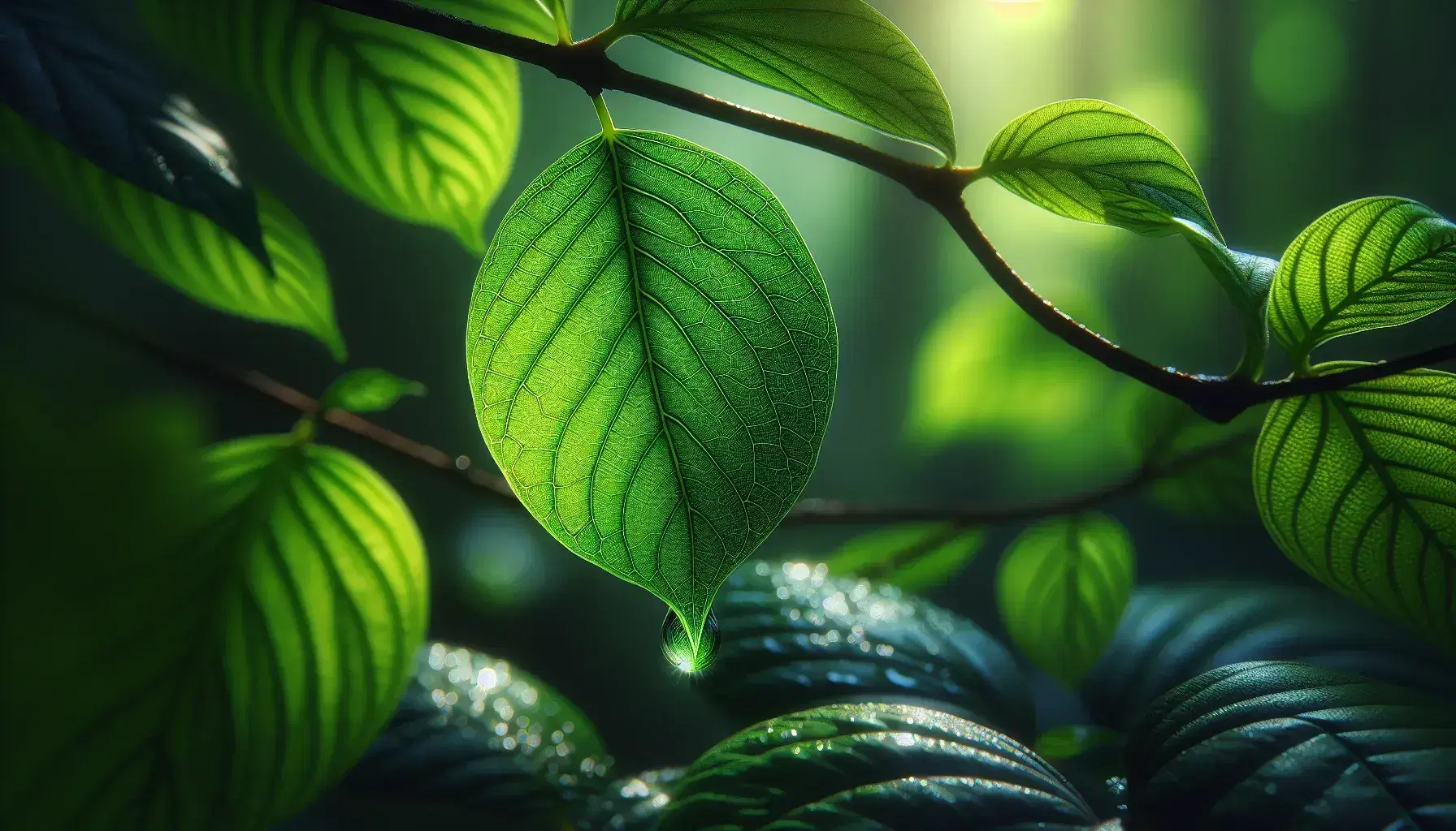 Foglia verde vivace con goccia d'acqua pendente che riflette la luce, su ramo sottile con sfondo sfocato naturale.