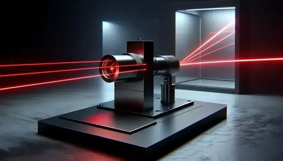 Cylindrical laser apparatus in the laboratory emits a red beam on a black base with a screen and a glass cube that refracts the light.