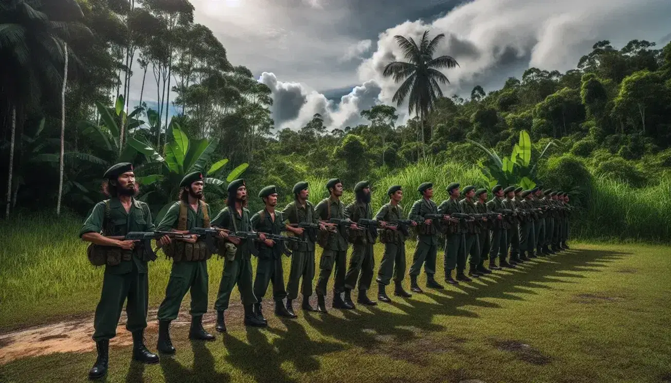 Grupo de militares en uniforme verde con boinas y rifles en selva tropical, reflejando camaradería y seriedad bajo luz solar filtrada por follaje.