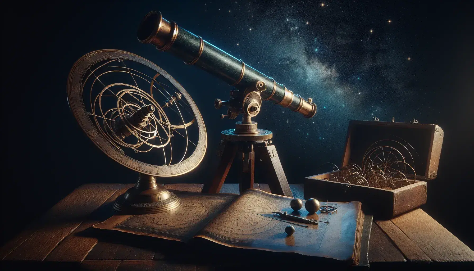 Telescopio antico su treppiede in legno con cielo stellato sopra, strumenti astronomici vintage e libro aperto con diagrammi astronomici.