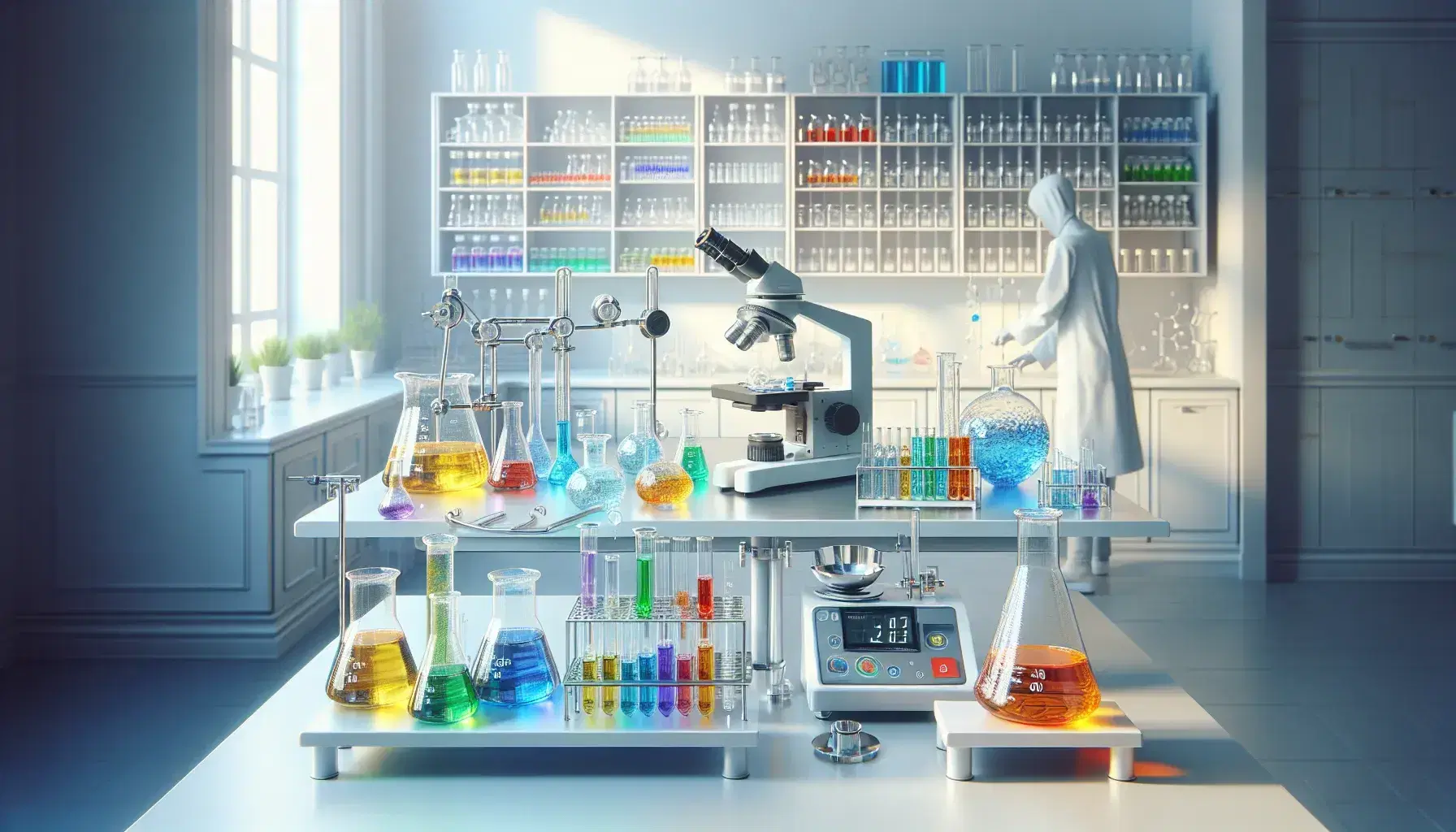 Laboratorio scientifico moderno con tavolo da lavoro, becher colorati, microscopio, bilancia analitica e chimico al lavoro.