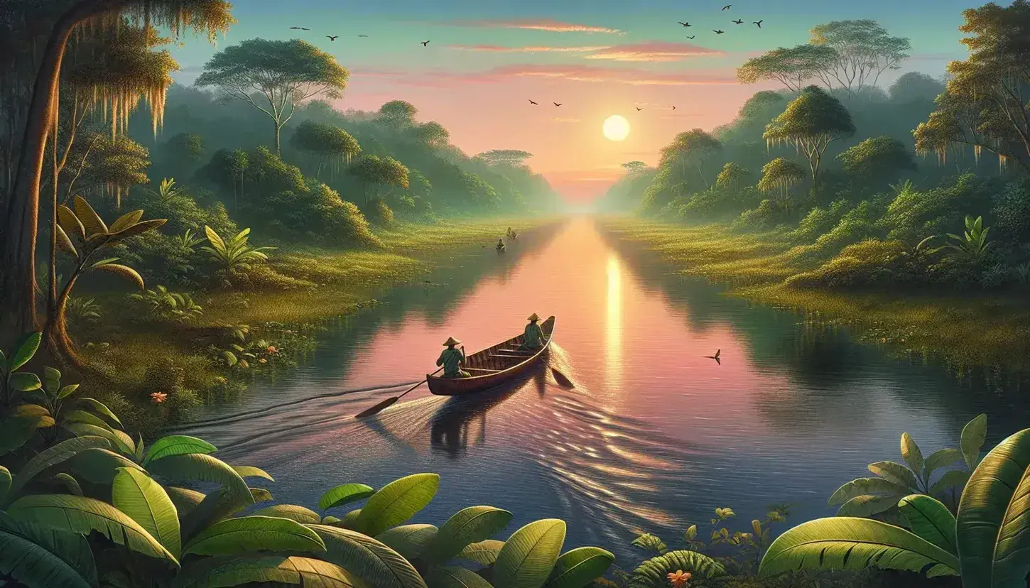 Peaceful sunrise on the Amazon river with wooden canoe and two people, pastel sky reflected in the water and sun rising through the trees.