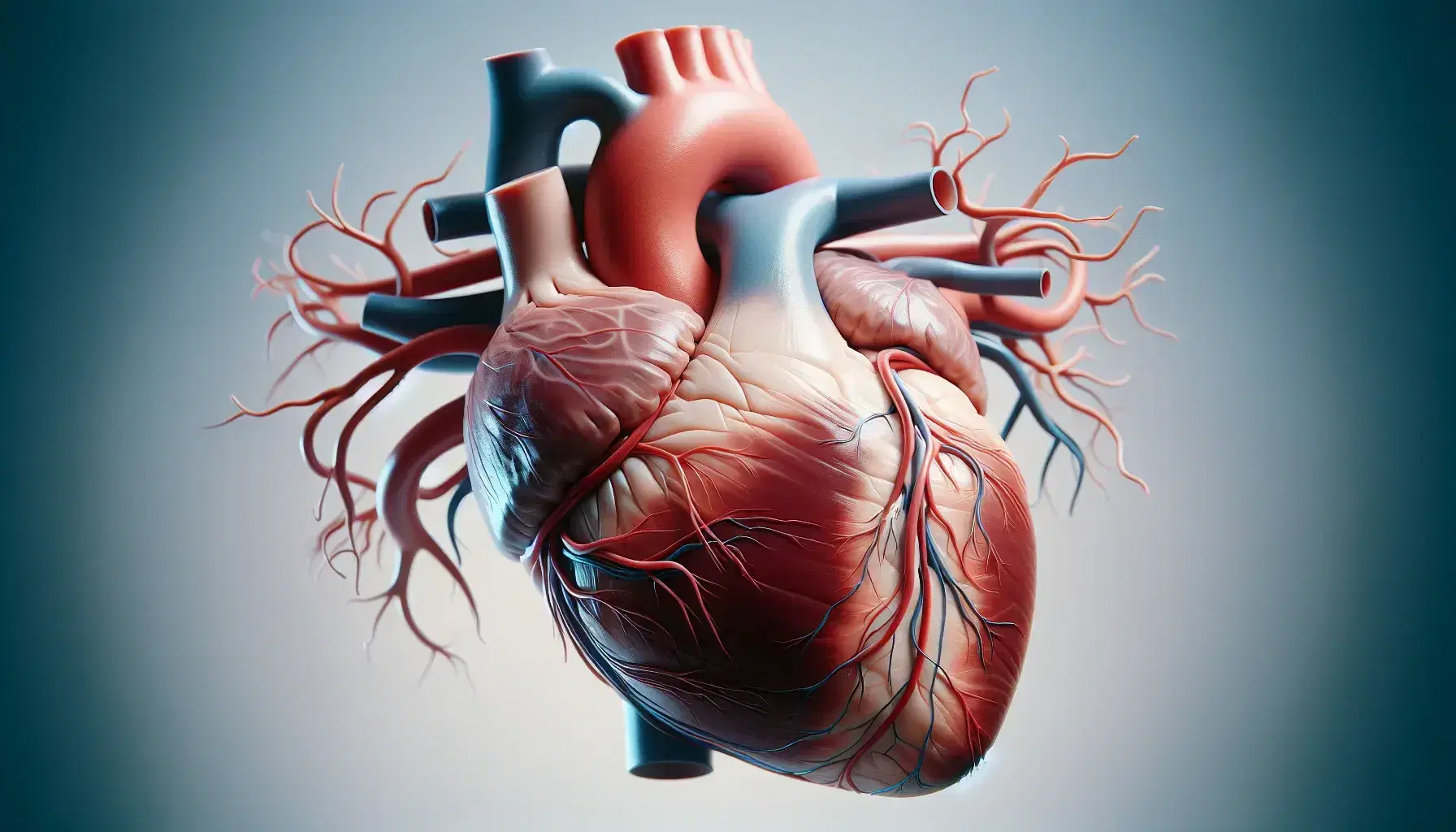 Corazón humano realista con arterias y venas visibles, inclinado hacia la izquierda y mostrando detalles de las cavidades cardíacas y la textura muscular.