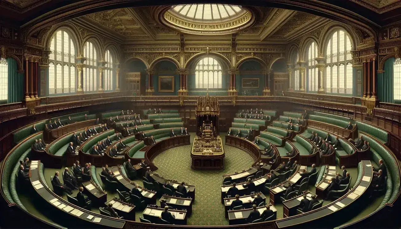 Elegant legislative chamber with tiered seating, polished wood desks, green carpet, gold accents, and a high ornate ceiling, with formally dressed individuals.