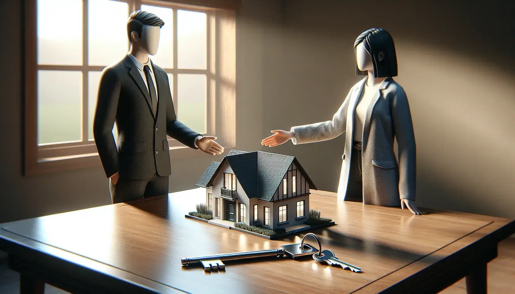 Dos profesionales realizando un apretón de manos junto a una maqueta de casa y llaves sobre una mesa, simbolizando un acuerdo inmobiliario.