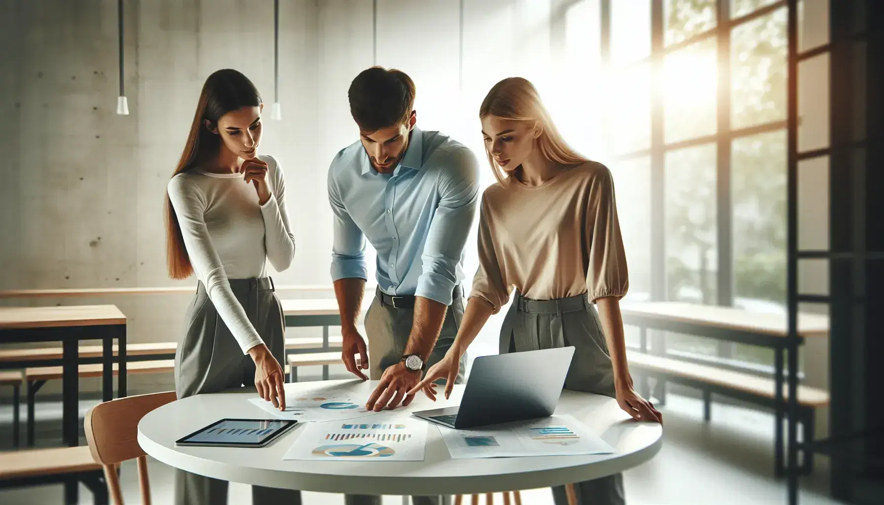 Grupo de tres profesionales colaborando en una oficina moderna, con uno señalando la pantalla de un portátil y los otros atentos, rodeados de dispositivos y gráficos impresos.