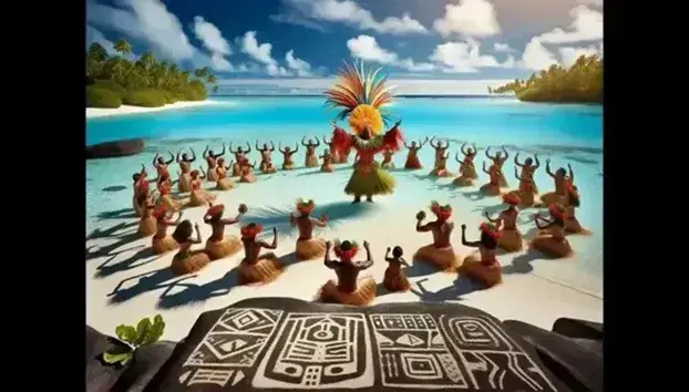 Danza cerimoniale di indigeni polinesiani in abiti tradizionali su spiaggia sabbiosa con petroglifi, sotto palme con bambino seduto.