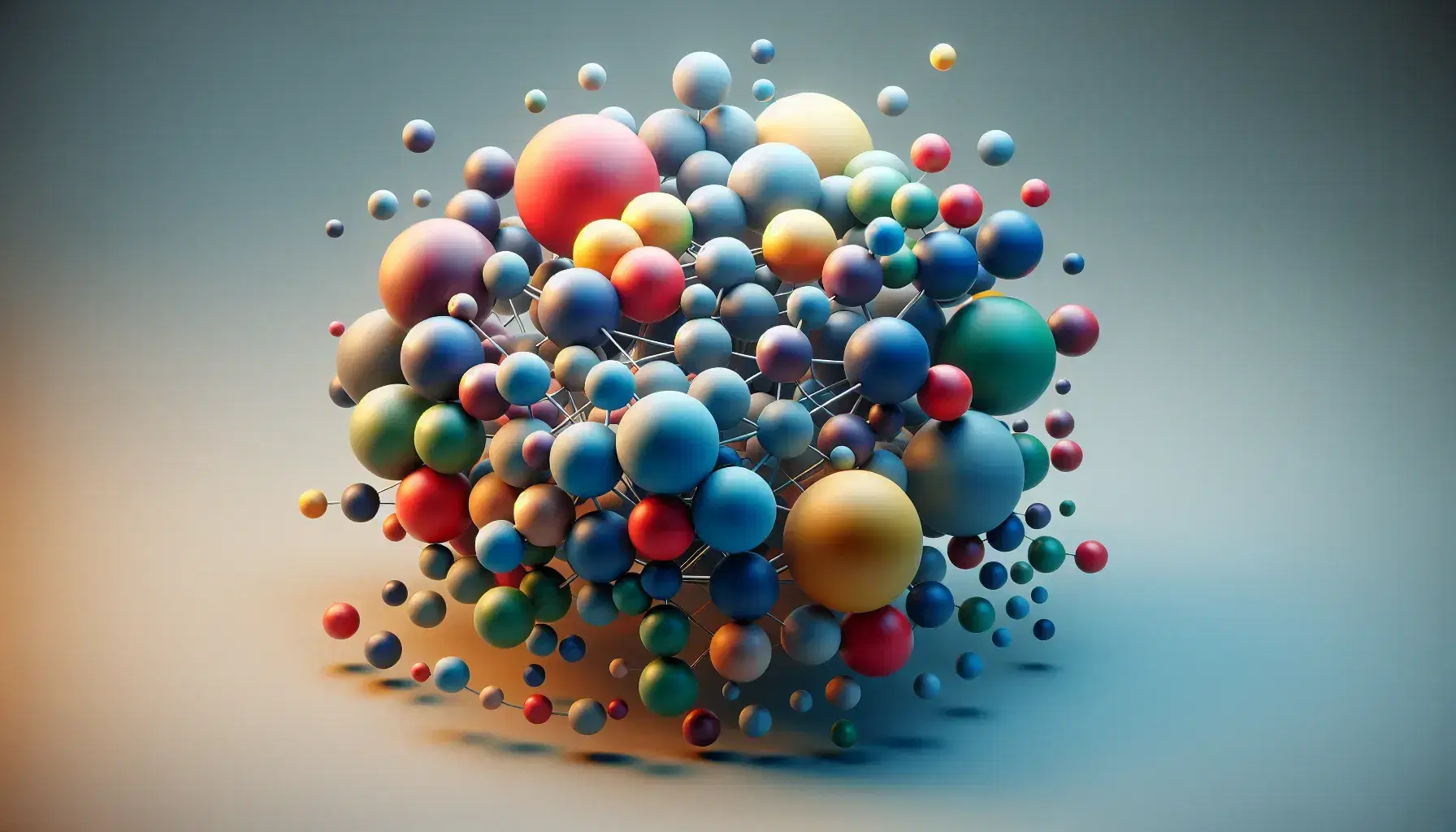 Esferas de colores en formación tridimensional con esferas grandes azules, rojas y verdes en el centro y pequeñas amarillas, naranjas y moradas alrededor sobre fondo gris.