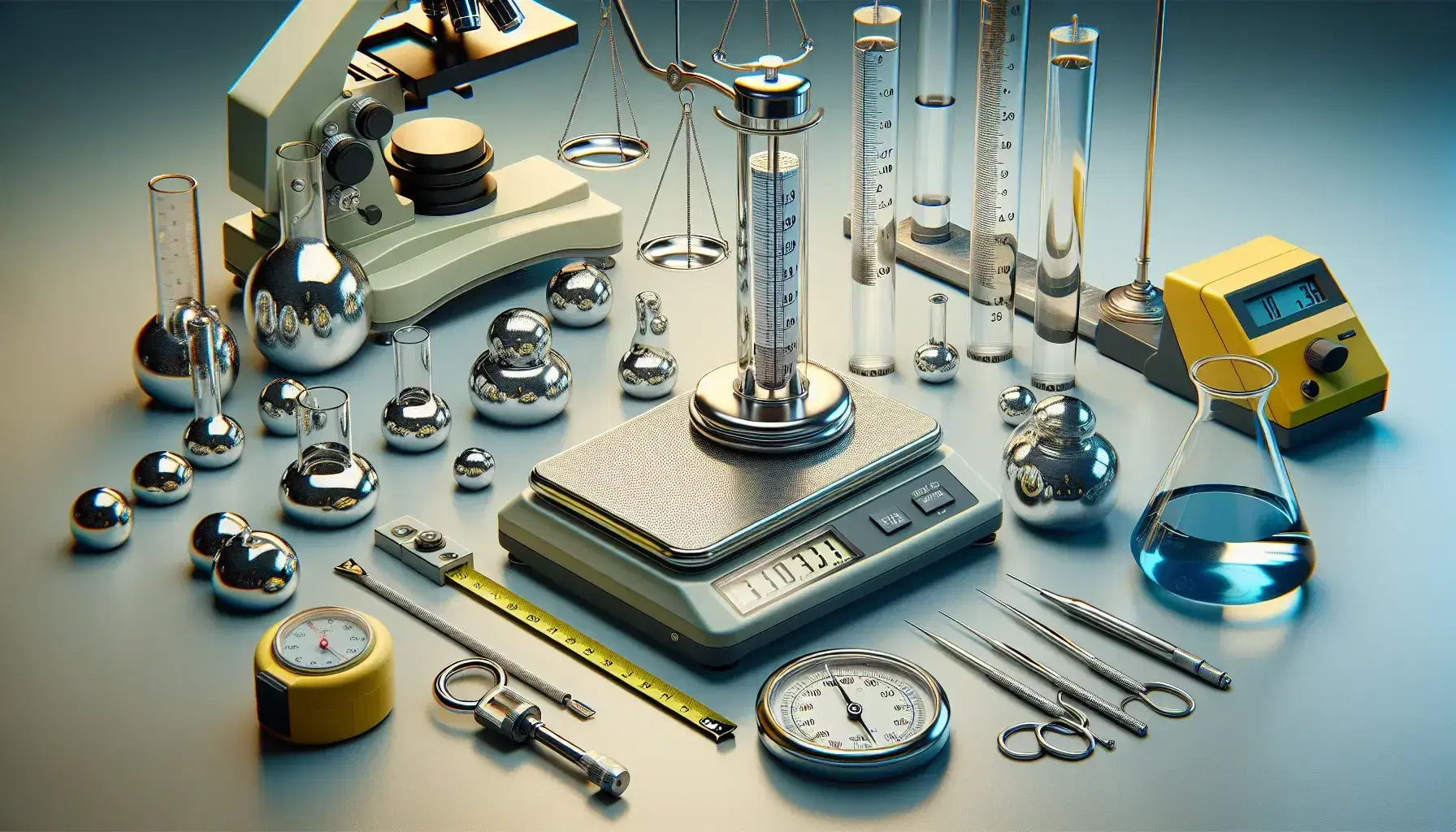 Strumenti di misurazione scientifici su tavolo da laboratorio, inclusi bilancia analitica, pesi calibrati, termometro al mercurio, metro a nastro e cilindro graduato.
